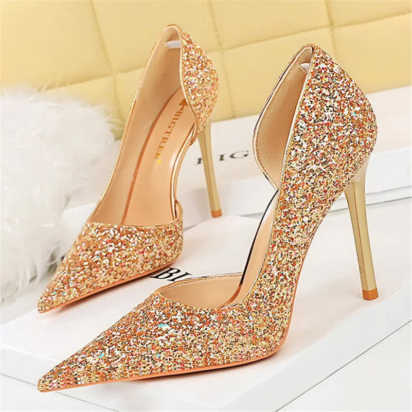 Women 7cm 10.5cm High Heels Elegant Blue Pumps Sexy Sequins Bling Mid Heels Lady Scarpins Luxury Stiletto Sparkly Party Shoes  Amaijoin