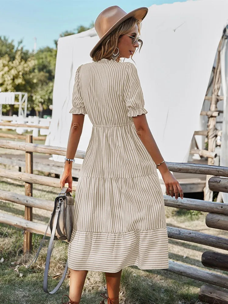 Women Elegant Striped Lantern Sleeve Summer Dress Causal V-neck Button Ruffles Midi Dress 2023 Women Beach Holiday Party Dress  Amaijoin