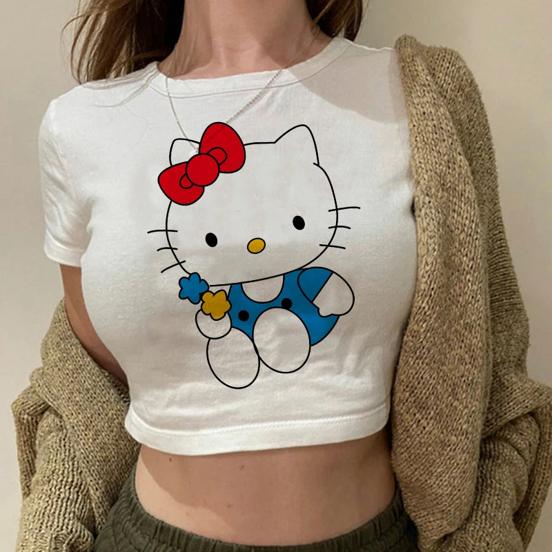 Tshirt Crop Top Hello Kitty T-shirt Kawaii T Shirt Sanrio Anime Cartoon Children Casual Clothes Y2k Cropped Tee Shirt Top  Amaijoin