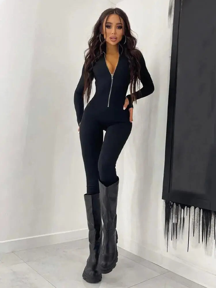 CNYISHE Fitness Outfit Female Casual Sporty Workout Zipper Jumpsuit Women Rompers Long Sleeve Skinny Activity Wear Overalls Tops  Amaijoin