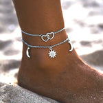 Carregue a imagem no visualizador da Galeria, Two Layers Chain Heart Moon Sun Gold Silver Color Anklets For Women Bracelets Summer Barefoot Sandals Jewelry On Foot Leg  Amaijoin
