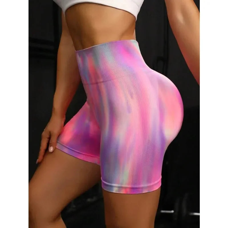 Women Tie Dye Sporty Shorts High Waist Seamless Gym Yogo Shorts Sexy Rainbow Honey Peach Fitness Workout Running Shorts  Amaijoin