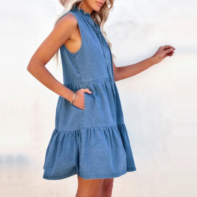 2024 Spring/Summer Denim Dress Loose V-neck A-hem Strap Tank Top Sleeveless Denim Dress New Style Birthday Dress for Women YDL32  Amaijoin