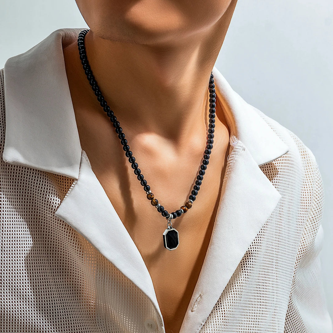 Black Beads with Square Pendant Necklace for Men Trendy Accessories on the Neck Collar 2023 Fashion Jewelry Male Gift Decoration  Amaijoin