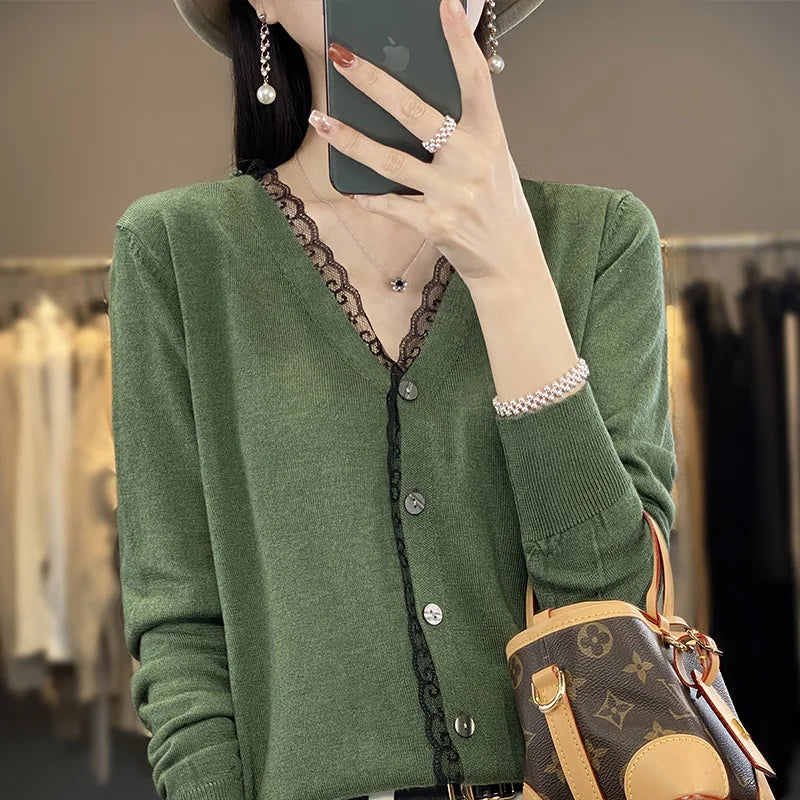 2023 Spring and Summer Cashmere Cardigans Women  V-neck Knitted Sweater Fashion Knitwear Solid Cashmere Cardigans Women's  Amaijoin