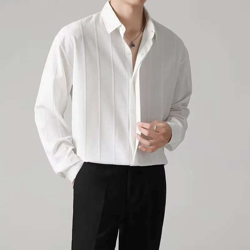 2024 Spring autumn Long Seeve White Shirts Men Fashion Loose Streetwear Shirts Simple Striped Office Social Blouse Men Clothing  Amaijoin