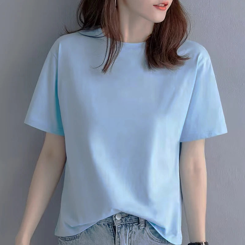 Summer Casual 100% Cotton Regular-Fit Women Crew Neck Basic White T-Shirts  Amaijoin