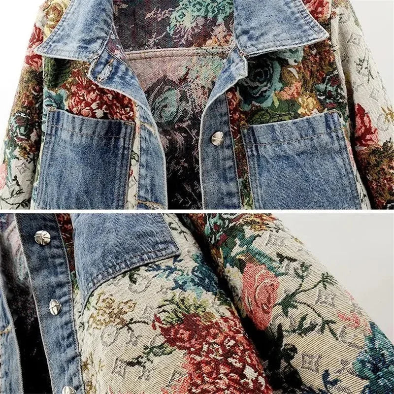 2024 Spring Autumn New Print Denim Jacket Splicing Long Sleeve Lapel Pocket Denim Tops Women's Short Jacket Fashion Cowgirl Coat  Amaijoin