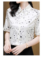 Load image into Gallery viewer, Birdtree 19MM 89.2%Mulberry Silk Summer Women Star Print Shirt Short Sleeve Elegant Fashion Women&#39;s Stand Collar Top T38644QD  Amaijoin
