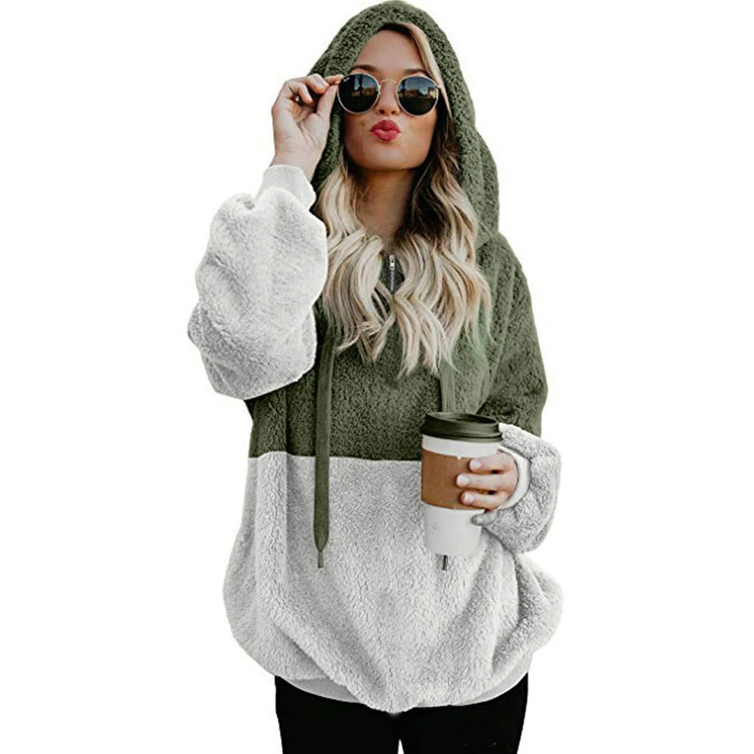 Women's pullover Women's Color Blocking Hooded Stitched Long Sleeve Zipper Plush Sweatshirts  Amaijoin