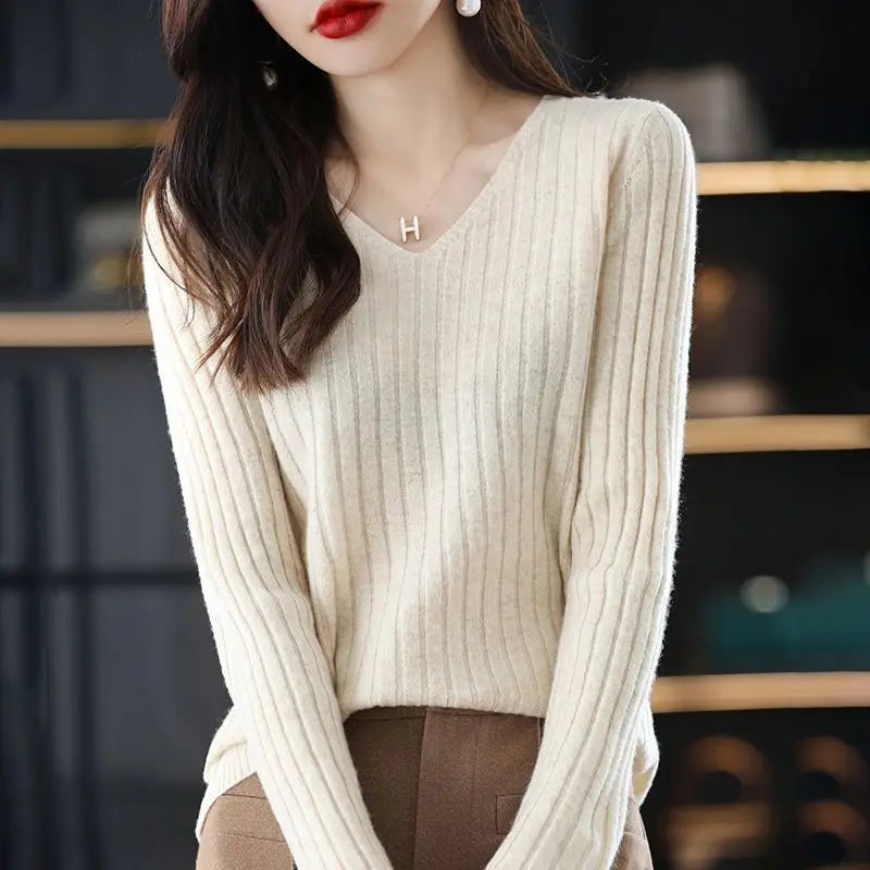 Women Sweater Long Sleeve Top Knitted Pullover V-Neck Fashion Sweater Woman Winter 2022 Basic Female Clothing Soild OL Sweaters  Amaijoin