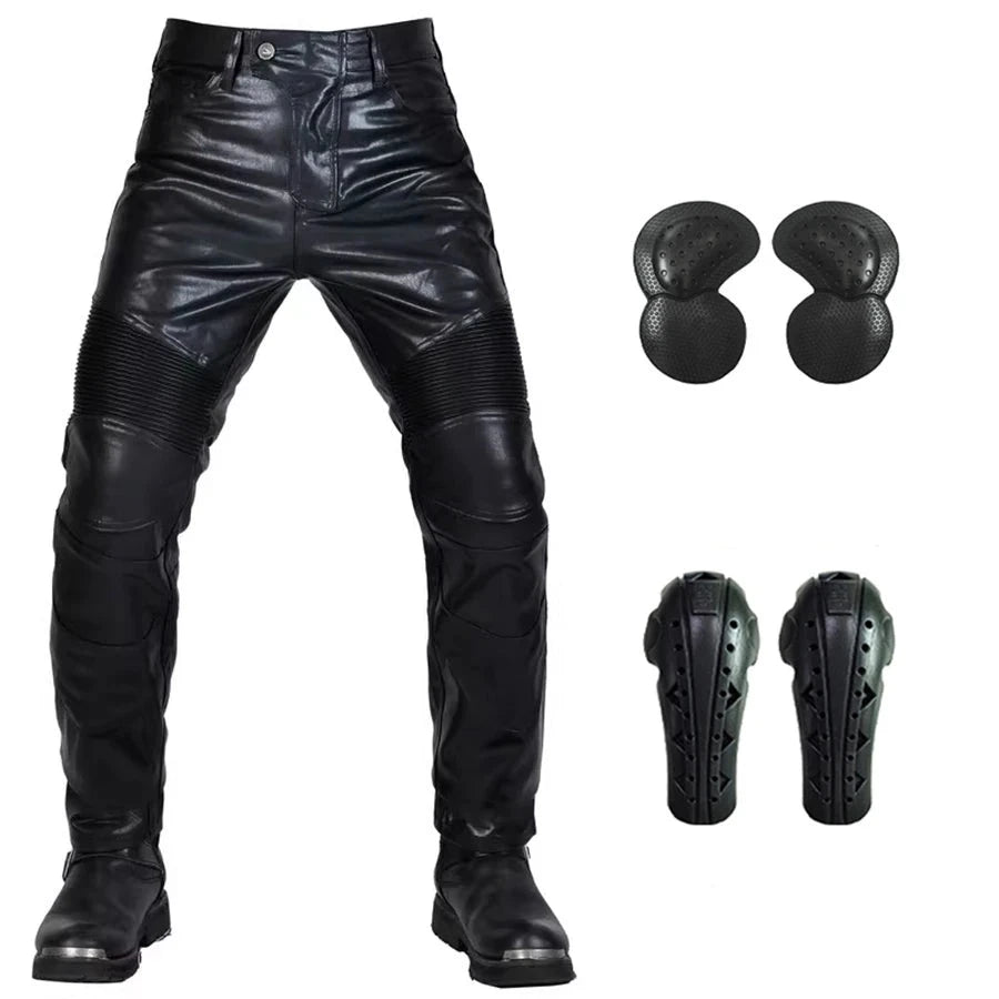 NEW Motorcycle Riding Jeans Motocross Racing Pants PU Leather Biker Trousers Waterproof Windproof Men With 4X CE Knee Hip Pad  Amaijoin