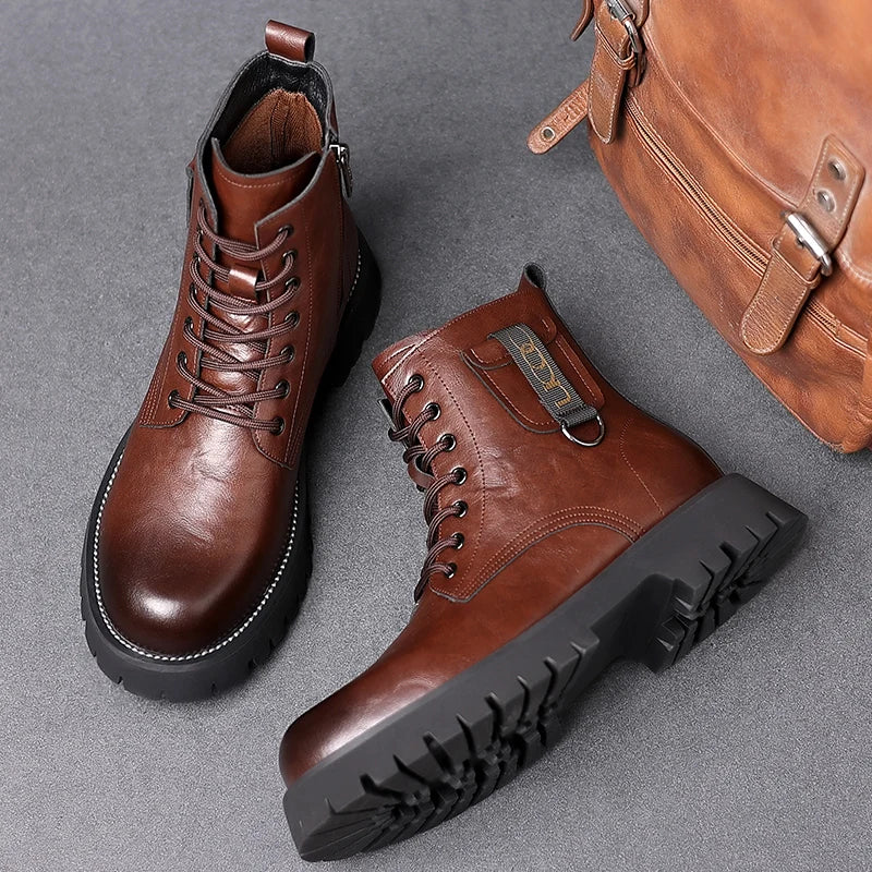 Designer's New Men's Workwear Boots Handsome Motorcycle Boots Thick Sole Mountaineering Boots Men's Genuine Leather Short Boots  Amaijoin