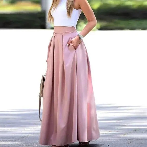 2022 European American Trade Wish Cross-border Solid Color High-waisted Skirt Long Dress Pleats  Amaijoin