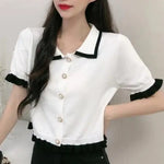 Carregue a imagem no visualizador da Galeria, Women Sweet Preppy Style Knit Tops 2024 Korean Summer New Patchwork Short Flare Sleeve Polo Shirts Lady Basic Joker White Tees  Amaijoin
