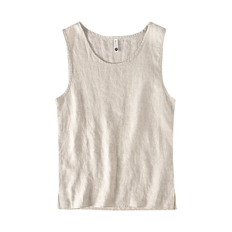 L886 High Quality 100% Linen Vest Men Summer Fashion Solid Color O-neck Sleeveless Waistcoat Simple Casual Loose Daily Tank Tops  Amaijoin