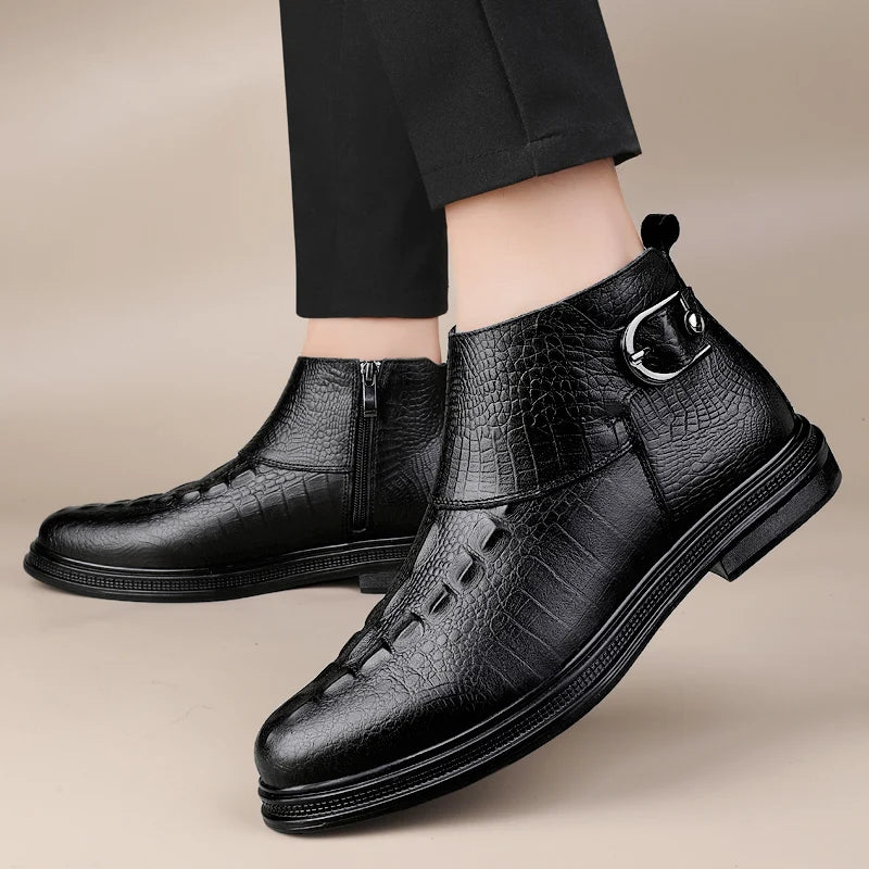 Men's Shoes Crocodile Pattern Low Top Male Shoes Genuine Leather Mens Slip on Ankle Boots 2023 Stylish Classic Motorcycle Boots  Amaijoin