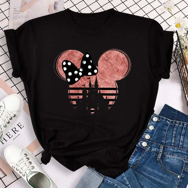 New T-shirts for Women Fashion Heart Minnie Print T Shirt Streetwear Clothes Kawaii Mickey Mouse Disney T Shirt Female Tops  Amaijoin