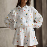 Carregue a imagem no visualizador da Galeria, Women Two Piece Set Cotton Linen Ruffle Shirt Shorts Summer Home Heart Pattern Long Sleeve Button Blouse Short Set Outfits  Amaijoin
