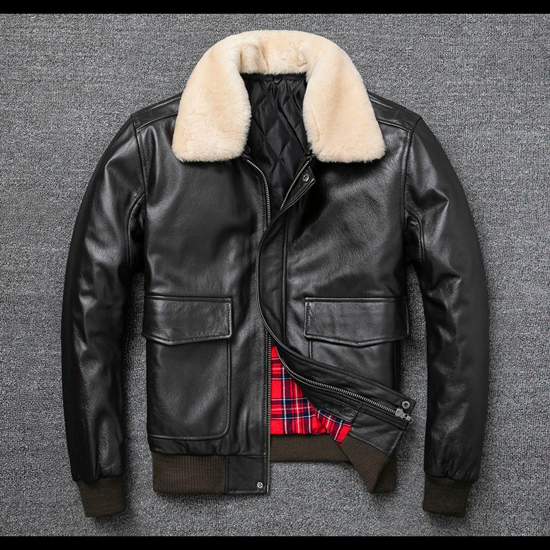 Plus Size Bust 140cm Bomber Men Genuine Leather Jacket Natural Fur Collar Classic Casual G1 Real Cowhide Mens Coat Winter Warm  Amaijoin