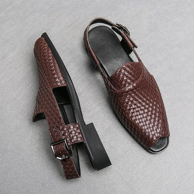 Black Sandals for Men Brown Woven Buckle Strap Men Shoes Leisure Vacation Beach Shoes Size 38-46 Luxury Breathable Garden Shoes  Amaijoin