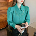 Carregue a imagem no visualizador da Galeria, Doll Pointed Neck Turn Down Collar Bubble Long Sleeve Loose Top Chain Casual Shirt And Blouses OL Woman French Elegant 2024Trend  Amaijoin
