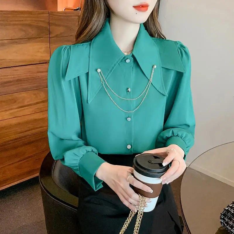 Doll Pointed Neck Turn Down Collar Bubble Long Sleeve Loose Top Chain Casual Shirt And Blouses OL Woman French Elegant 2024Trend  Amaijoin