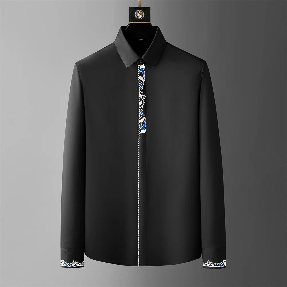 2024 Spring Luxury Placket Embroidery Men's Shirts Long Sleeve Slim Casual Business Dress Shirts Social Party Tuxedo Blouse 5XL  Amaijoin