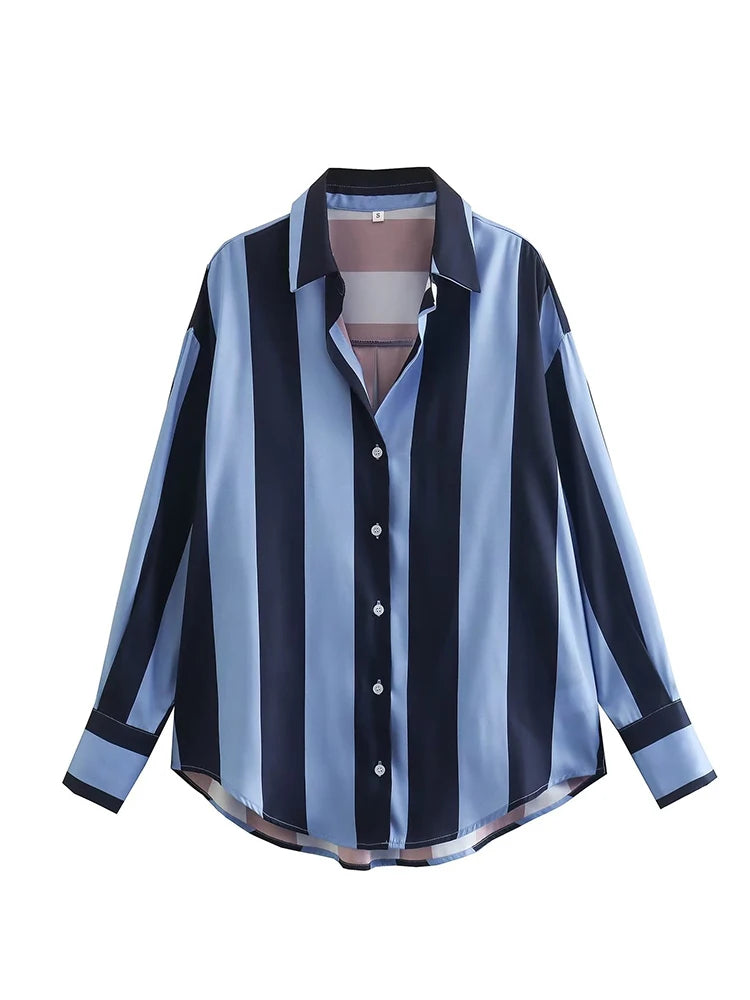 Vintage Women Satin Striped Casual Shirts 2023 Summer Fashion Ladies Long Sleeve Loose Tops Streetwear Female Chic Top  Amaijoin