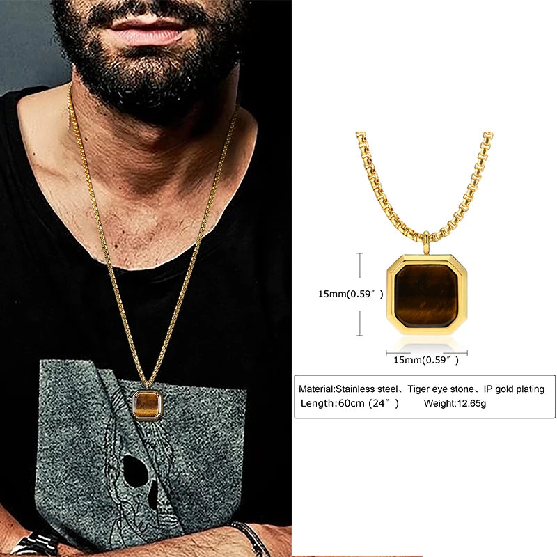 Men Pendant Necklce Geometric,Tiger's Eye Stone Necklace Lapis Lazuli Stone Pendant, Mens Necklace Royal Pendant Mens Necklace  Amaijoin