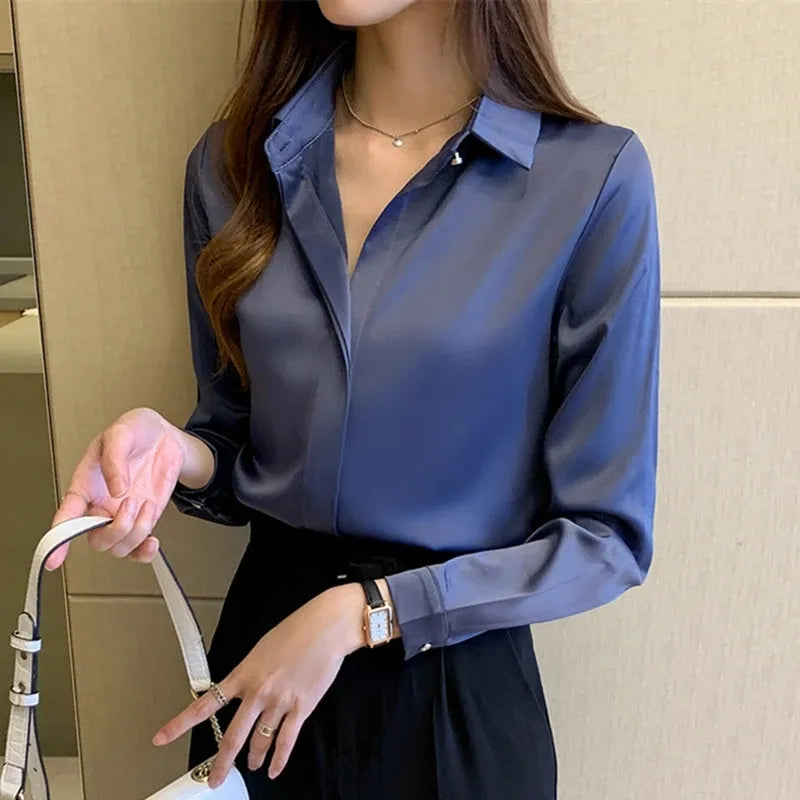 Silk Women's Shirt Long Sleeve Fashion Woman Blouses 2023 Satin Top Female Shirts and Blouse Basic Ladies Tops OL Women Clothing  Amaijoin