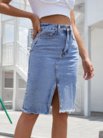 Carregue a imagem no visualizador da Galeria, Benuynffy Zipper Fly Raw Hem Split Denim Skirt Women Spring and Summer High Waist Jeans Skirt Female Casual Bodycon Midi Skirts  Amaijoin
