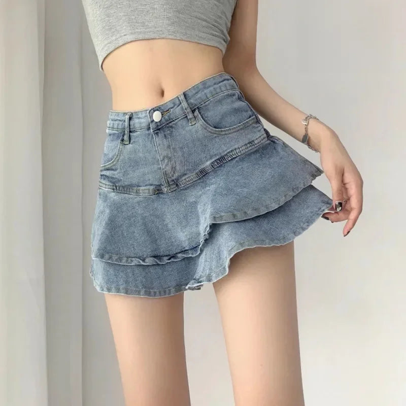 Spicy Girl Style High-waisted Denim Mini Dress Women's Slimming Bodycon Skirt A- line Semi-circular Design Sensible Niche Fit  Amaijoin