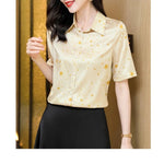 Load image into Gallery viewer, Birdtree 19MM 89.2%Mulberry Silk Summer Women Star Print Shirt Short Sleeve Elegant Fashion Women&#39;s Stand Collar Top T38644QD  Amaijoin
