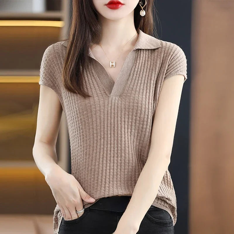 Women's T Shirts Clothes Black Top White Polo Neck Shirt Short Sleeve Tee Knit Green Aesthetic Offer Free Shipping Cute V New  Amaijoin