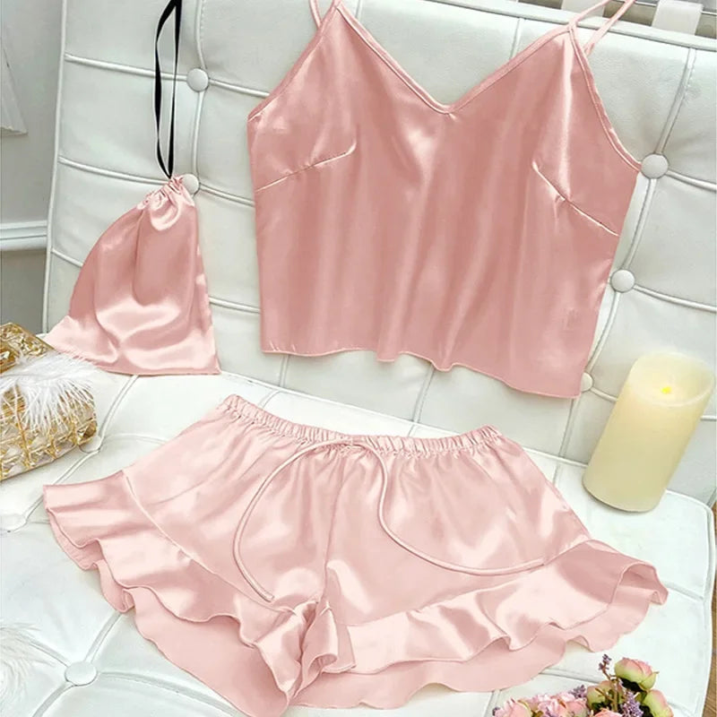 Fashion Sexy Underwear Set Women's 2 Pieces Sleepwear Pyjamas Silk Satin Bellyband Cami Top and Shorts Pajamas for Women Pijamas  Amaijoin