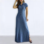 Carregue a imagem no visualizador da Galeria, Europe And America Cross Border New Long Dress Shirt Collar Split Pocket Large Swing Dress Large Casual Denim Dress  Amaijoin
