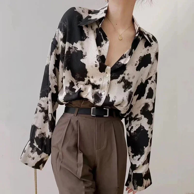 Cow Print Chiffon Women Shirts Spring Long Sleeve Blouse New Streetwear Tops Fashion Elegant Clothing  Amaijoin