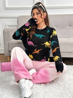 Carregue a imagem no visualizador da Galeria, Dinosaurs Print Crew Neck Pullover Sweater  Y2K Long Sleeve Color Block Knitted Sweater For Spring &amp; Summer  Women&#39;s Clothing  Amaijoin
