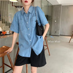 Carregue a imagem no visualizador da Galeria, Women Blouse Summer Loose Single Olo Collar Short-Sleeved Denim Shirt Top for Women Blusas Ropa De Mujer  Amaijoin
