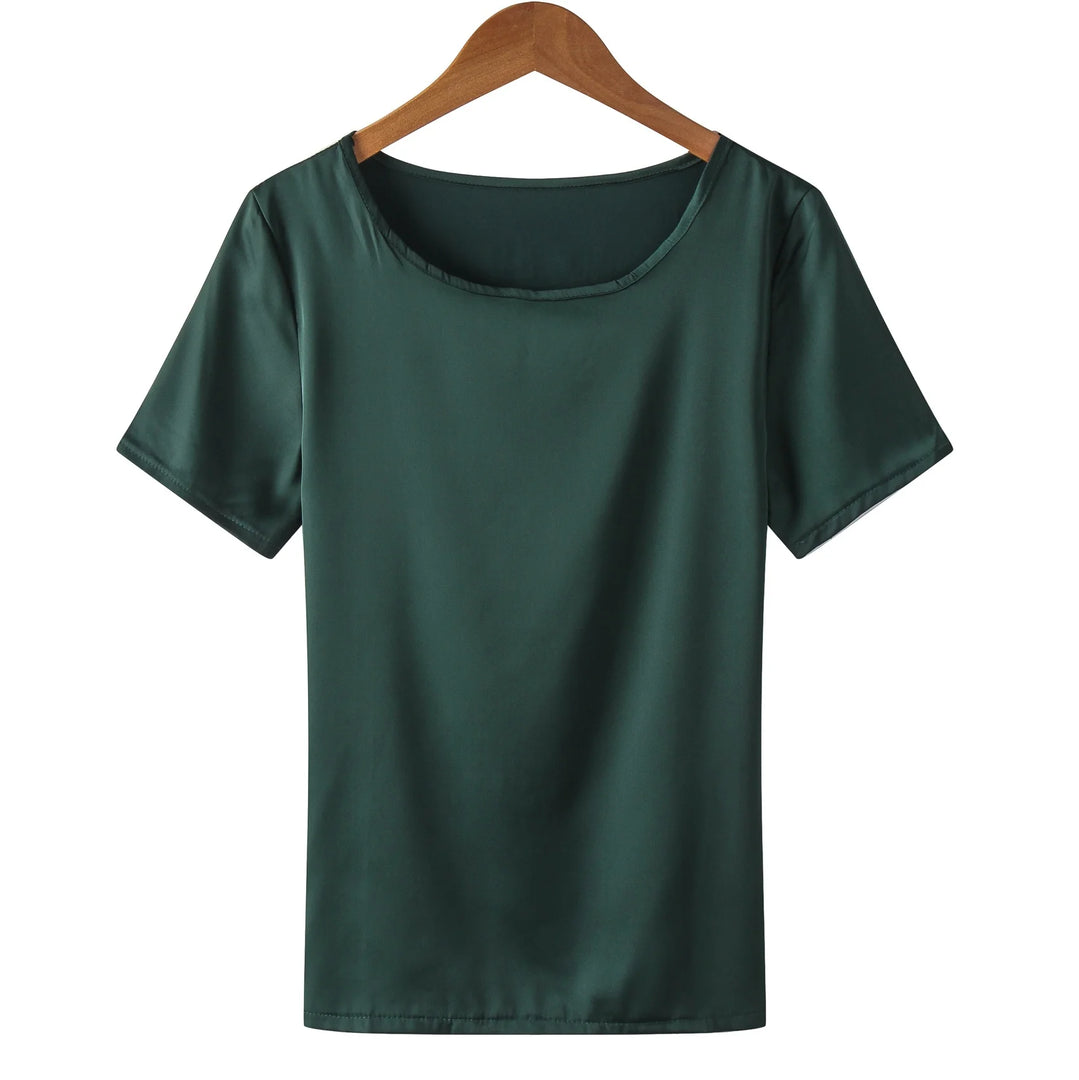 New outer wear silk round neck sling top satin short-sleeved stretch T-shirt large size bottoming shirt women  Amaijoin