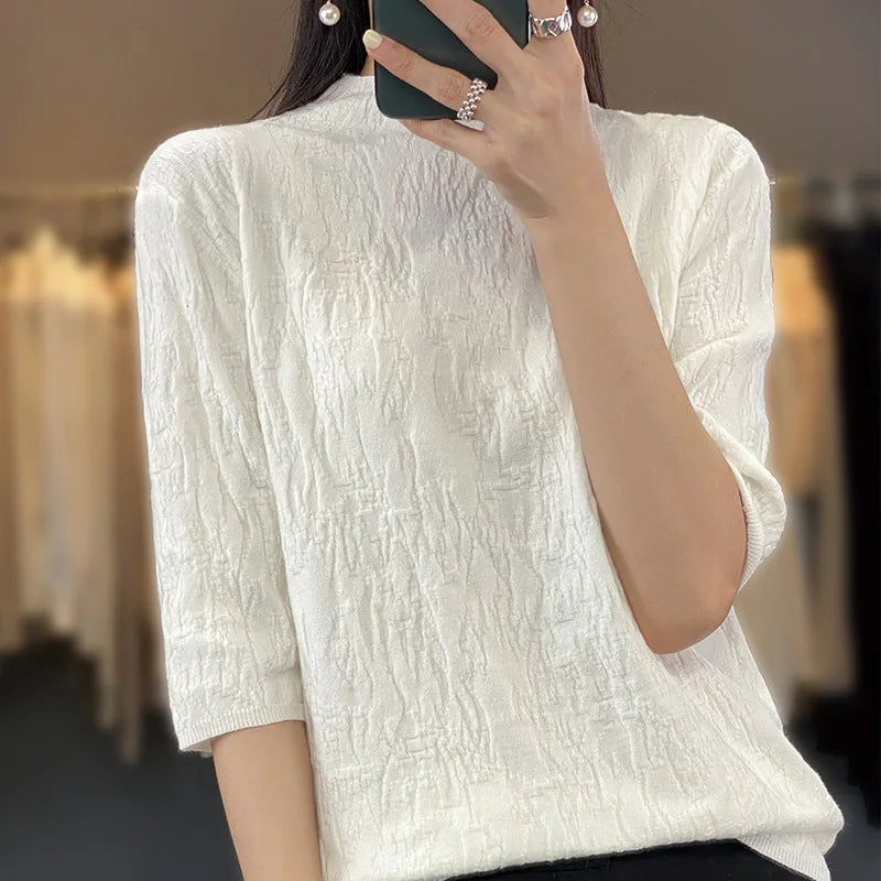 Spring and Summer2023 New Women's Half-high collar Short-Sleeved Exquisite Cashmere Sweater Pullover  Amaijoin