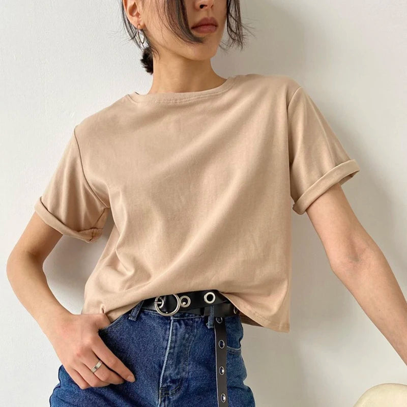 Hirsionsan 100% Cotton Oversized T Shirt Women Harajuku Basic Loose Short Sleeve Tees Soft Female Solid Tops Khaki Summer Jumper  Amaijoin