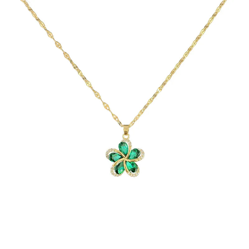 DIEYURO 316L Stainless Steel Green Zircon Flowers Pendant Necklace For Women New Luxury Girls Lucky Chain Birthday Jewelry Gifts  Amaijoin