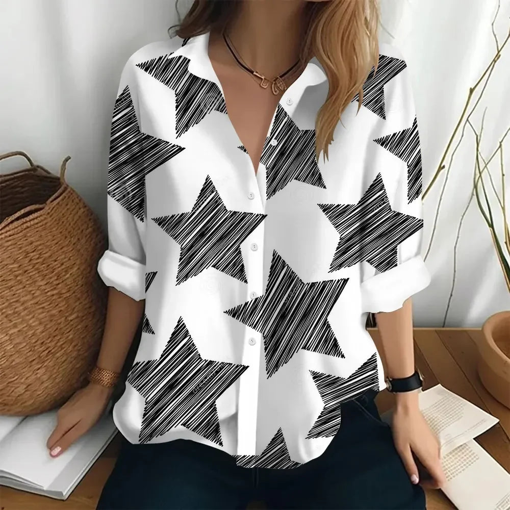 Autumn Women's Shirt Polo Collar Long Sleeve T-shirt Fashion Print Top Fashion Party Trend Women's Shirt Button Casual T-shirt  Amaijoin