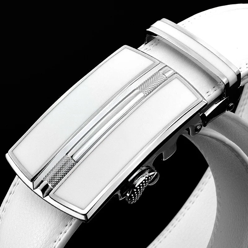 Elegant White Color Men Women Unisex Leather Belt Genuine Leather Automatic Buckle 3.5cm Width Men Waist Straps for Jeans  Amaijoin