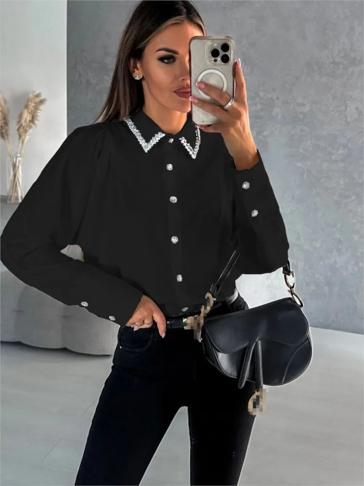 Elegant Office Shirt For Women 2024 Spring Summer Fashion Diamond-encrusted Neck Long Sleeve White Loose Blouses And Tops Female  Amaijoin