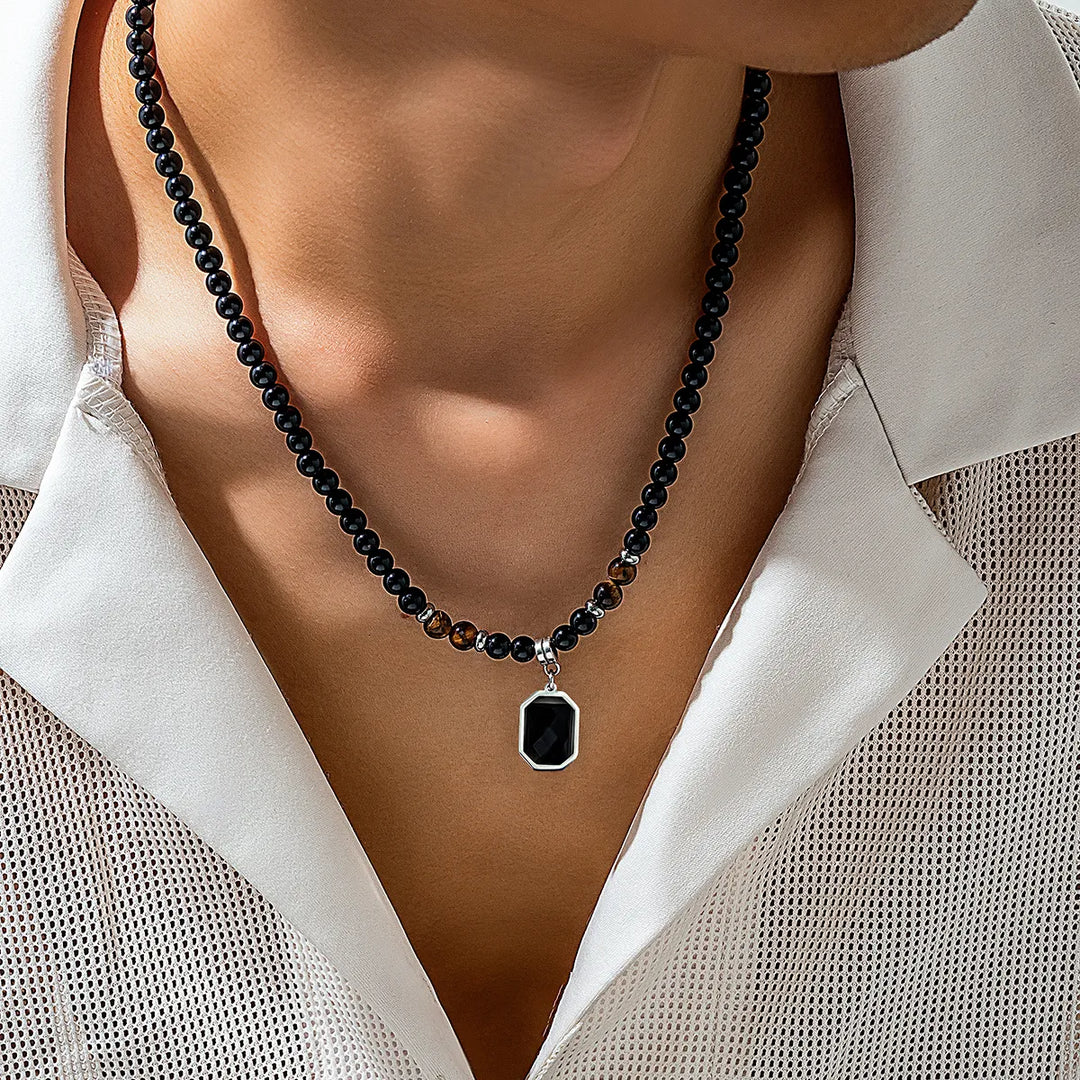 Black Beads with Square Pendant Necklace for Men Trendy Accessories on the Neck Collar 2023 Fashion Jewelry Male Gift Decoration  Amaijoin