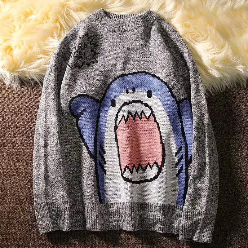 Autumn and Winter Men Round Neck Shark Sweater Men Winter Patchwor Harajuku Korean Style Round Neck Grey Pullover Male Clothing  Amaijoin