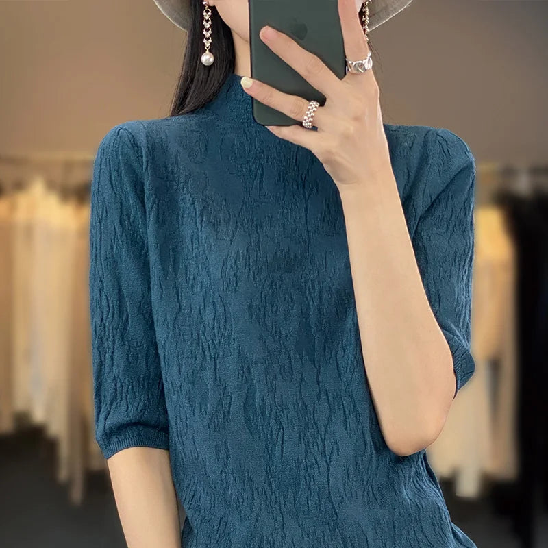 Spring and Summer2023 New Women's Half-high collar Short-Sleeved Exquisite Cashmere Sweater Pullover  Amaijoin